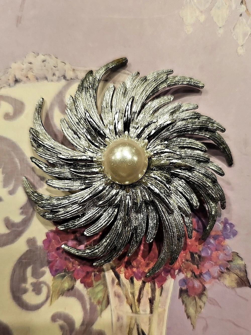 Sarah Coventry Silver Tone Swirl Faux Pearl Brooch Sunburst Flower Brooch Silver